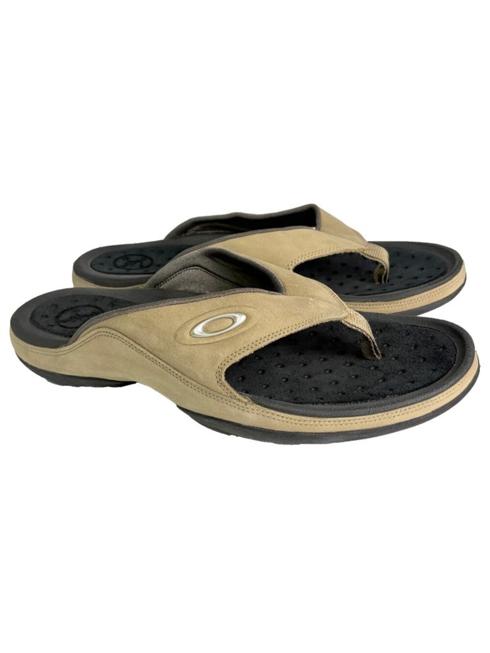 Men's Oakley Flip Flops Brown Beige Leather Size 10 Sandals Sport Slides 96548